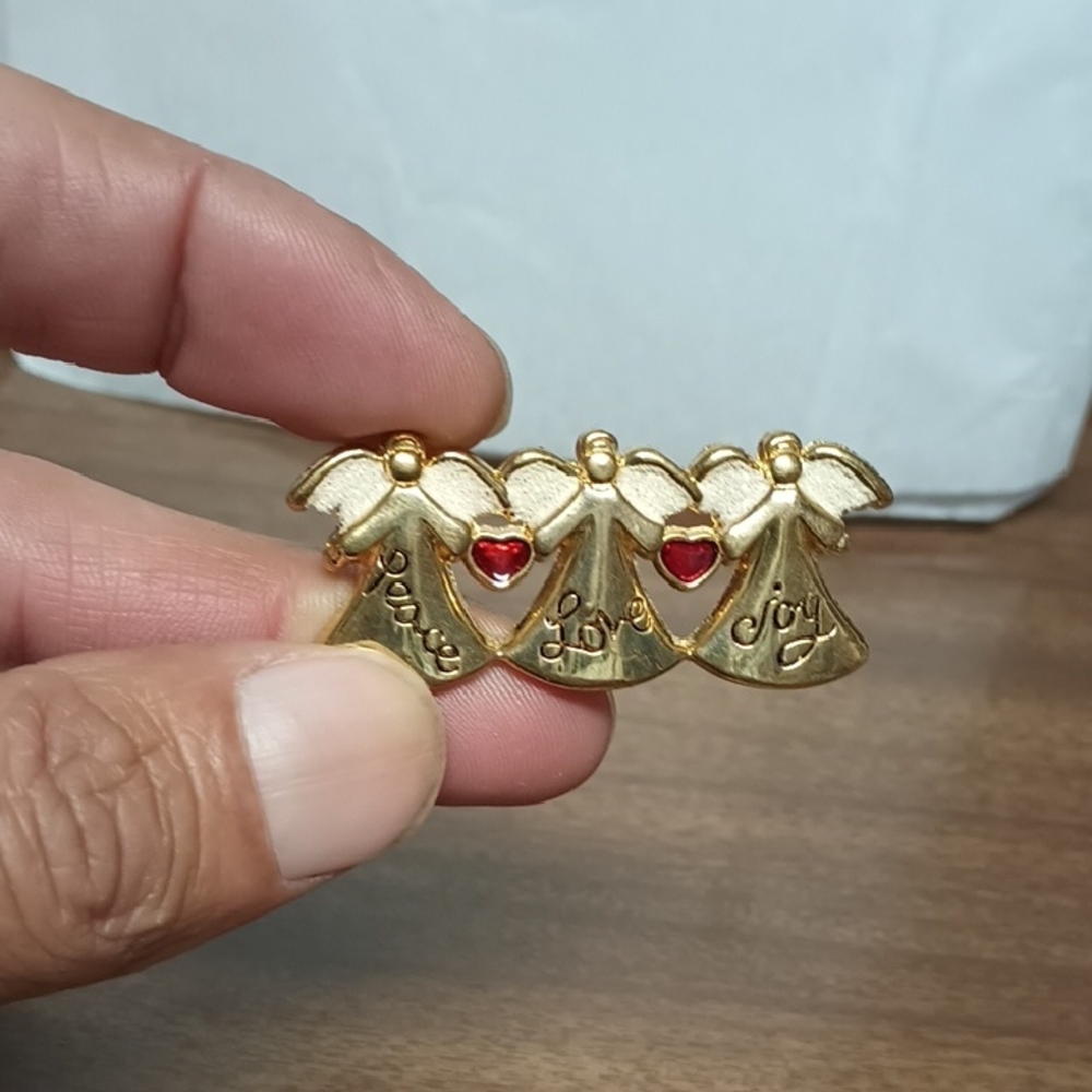 Gold Tone Angel Brooch with Red Accents